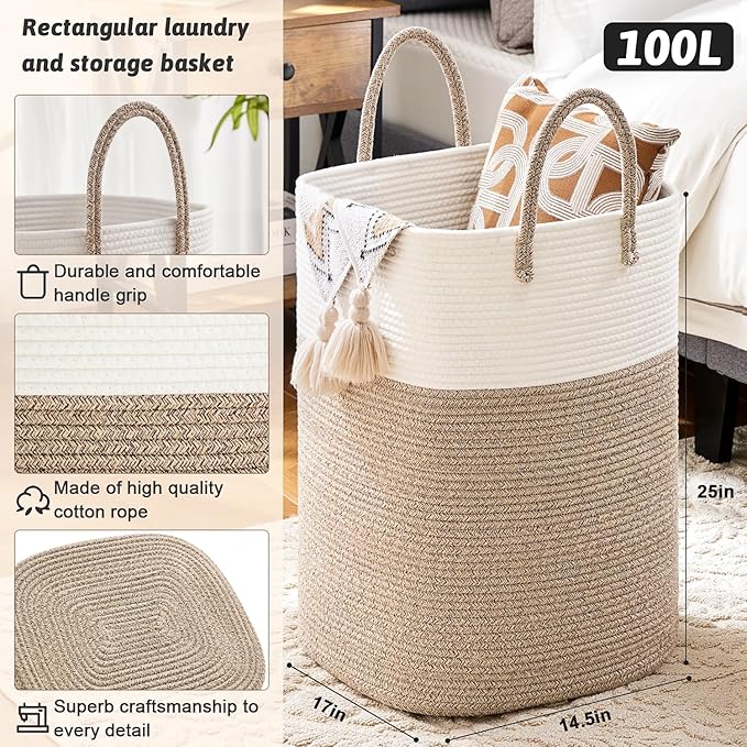 Laundry Basket,Woven Cotton Rope Laundry Hamper,Versatile Storage for Dirty Clothes,Baby Toys,and Blankets in Bathroom, Nursery,and Living Room (Brown, 100L)