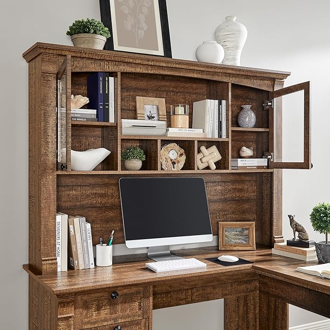 OKD 60" L Shaped Executive Desk with Hutch and Drawers, Farmhouse Home Office Desk with Charging Station, File Cabinet Storage, Wood Corner Computer Desk for Work and Study, Reclaimed Barnwood