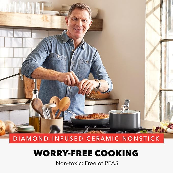 GreenPan x Bobby Flay 12" Nonstick Frying Pan Skillet, PFAS-Free Diamond Ceramic, Induction Suitable, Stay-Cool Silicone Handle, Easy Clean Dishwasher & Oven Safe, Egg & Omelet Pan, Graphite