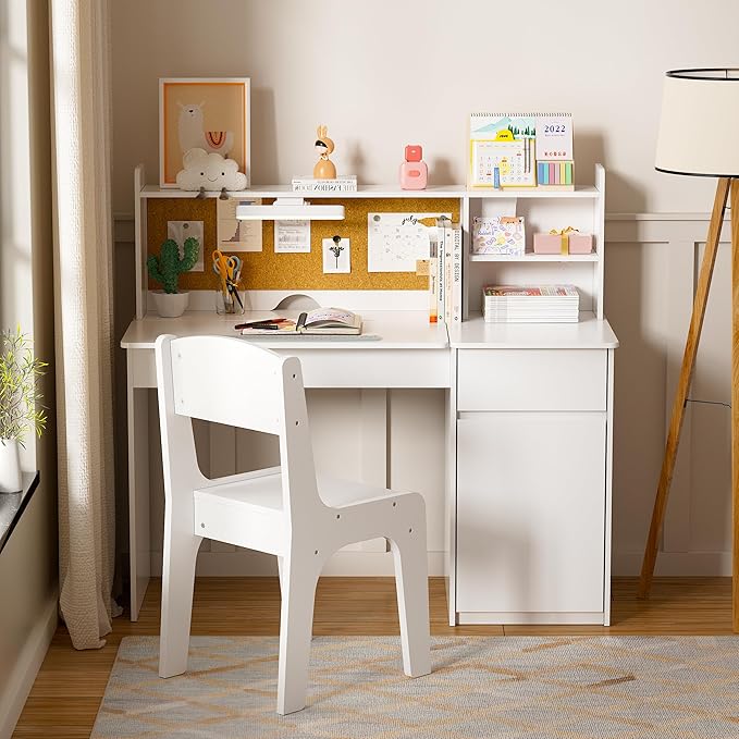 PakaLife Kids Study Desk and Chair Set,ChildrenTable with 3-Color Lights(Not Rechargeable),Tiltable Desktop,Multi Functional for Kids 5-12,Storage Wooden Student Writing Desk with Hutch for Bedroom