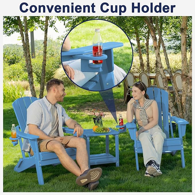 Plawdlik Folding Adirondack Chair with Cup Holder,SGS Tested,Heavy All-Weather,Wooden Textured,HDPE Outdoor Chairs for Patio Backyard Fire Pit, Light Blue