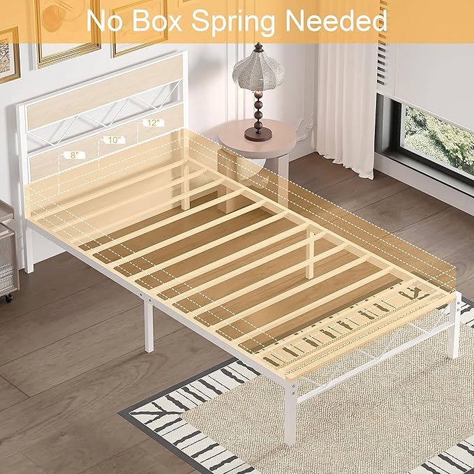 VECELO Twin Size Bed Frame with Headboard, Heavy-Duty Platform Bedframe with Metal Slats Support, No Box Spring Needed, Easy Assembly, White & Natural