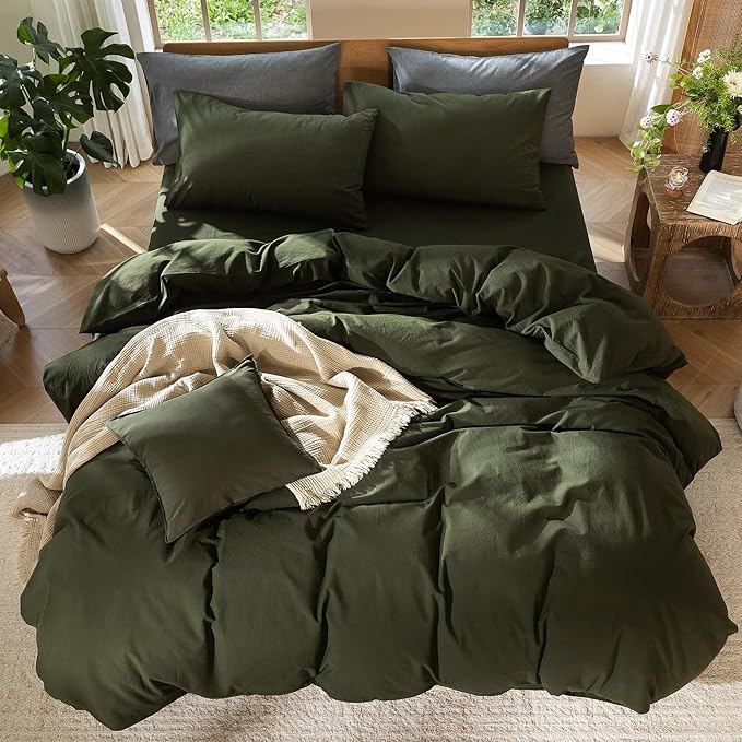 MooMee Bedding Duvet Cover Set 100% Washed Cotton Linen Like Textured Breathable Durable Soft Comfy (Solid Olive Green, King 104"x90")
