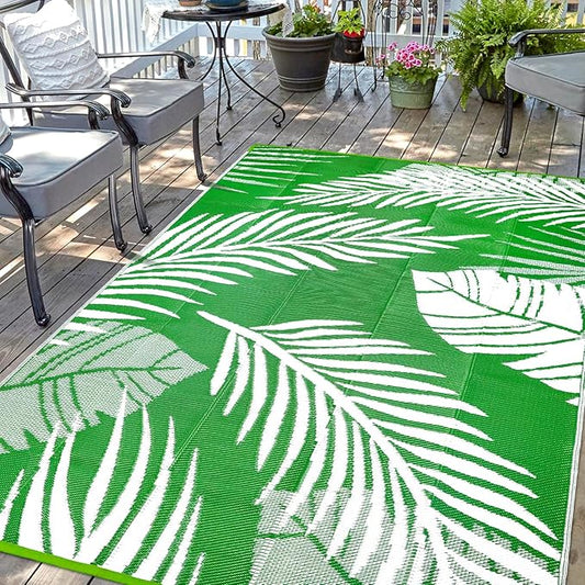 Waterproof Outdoor Rug 8x10ft, Green Leaf Reversible Plastic Straw Mat for Patio RV Deck Porch Backyard Balcony Camping Picnic Beach Indoor Outdoor Carpet, Green&White