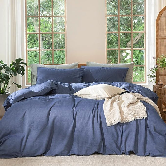 MooMee Bedding Duvet Cover Set 100% Washed Cotton Linen Like Textured Breathable Durable Soft Comfy (Heathered Blue, Super King 108"x98")