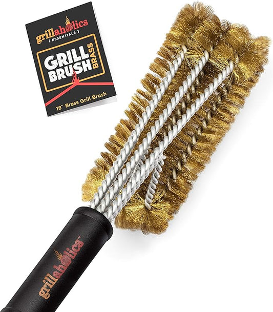 Grillaholics Brass Grill Brush – Safe BBQ Brush for Outdoor Cooking – Heavy-Duty Soft Bristle Grill Cleaning Tool for Porcelain & Ceramic Grates