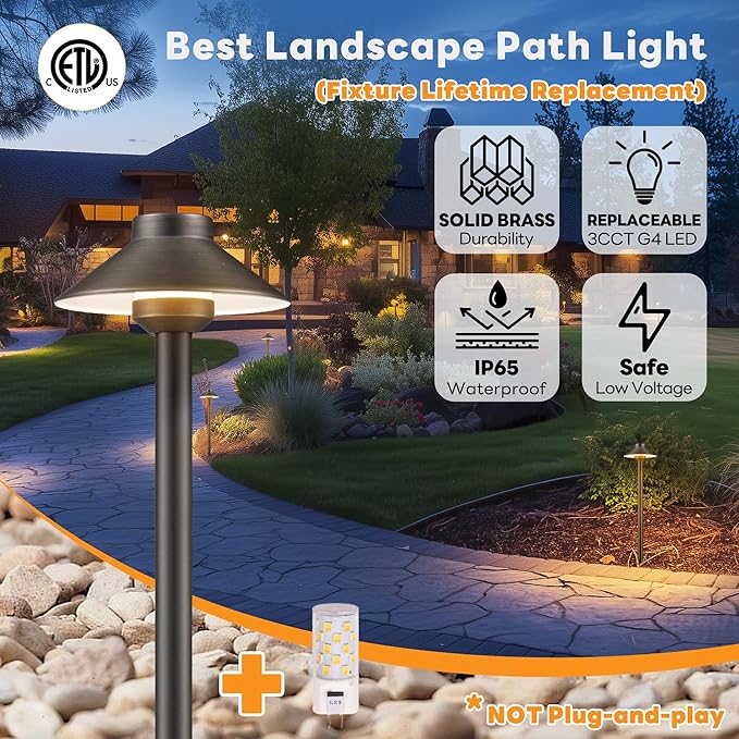 Low Voltage Landscape Path Light Solid Brass, 3 Color Temp Selectable Pathway Lights, LED Light Waterproof, 12V Wired Bronze for Walkway Garden with 3W 270LM G4 Bulb (12 Pack)