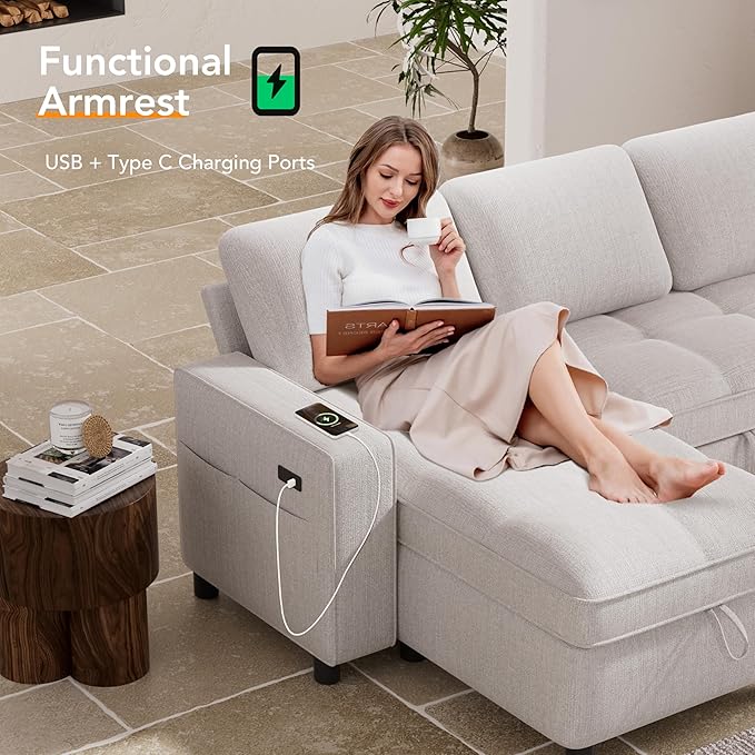 Vipbear Sleeper Sectional Sofa, 105" U Shaped Couch with Pull Out Bed, Convertible Chenille Cloud Sofa with Reclining Backrest | Double Storage Chaise | USB Ports | Tool-Free Assembly | Beige