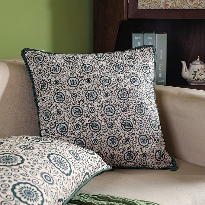patdrea Designer Throw Pillow Covers,Square Green Vintage Rustic Linen with Abstract Geometric Floral Pattern Pillow Cover,Decorative Pillowcases Cushion for Bed Living Room