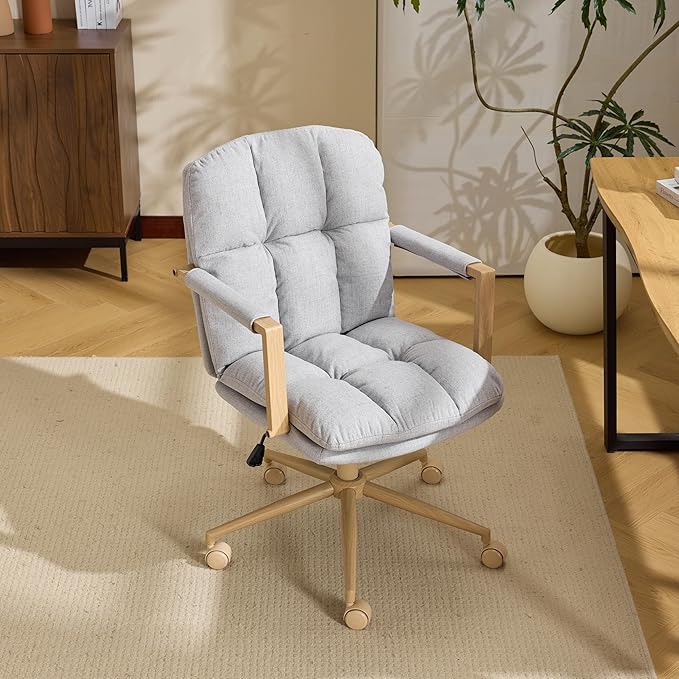 VINGLI Comfy Linen Office Desk Chair With Wheels &Detachable Cushions& Wood-like Armrests,Swivel Small Computer Task Chair,Adjustable for Girl Makeup Vanity,Teen/Kids Study,Nail Tech,Sewing,Light Grey
