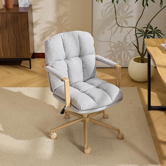 VINGLI Comfy Linen Office Desk Chair With Wheels &Detachable Cushions& Wood-like Armrests,Swivel Small Computer Task Chair,Adjustable for Girl Makeup Vanity,Teen/Kids Study,Nail Tech,Sewing,Light Grey