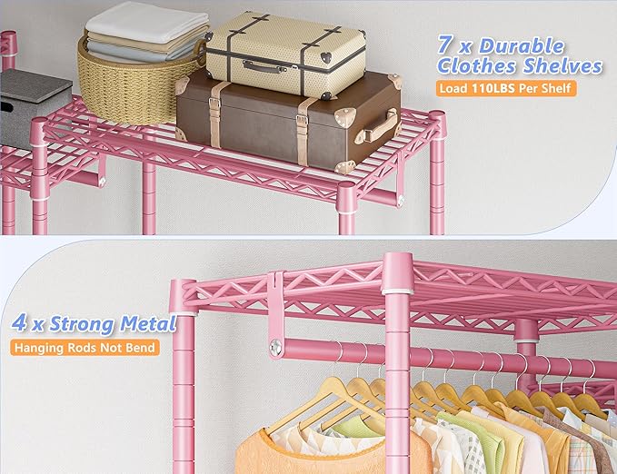 Raybee Clothes Rack Heavy Duty Clothing Racks for Hanging Clothes Adjustable Wardrobe Closet Hanging Clothes Rack Garment Rack, Pink, 13.9" D x 70.6" W x 77" H