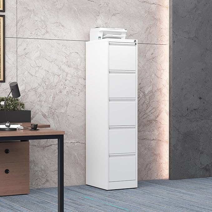 5 Drawer File Cabinet with Lock, Steel Vertical Filing Storage Cabinet for Home Office, Heavy-Duty File Cabinets for Letters/Legal/A4 (Require Assembly, White)