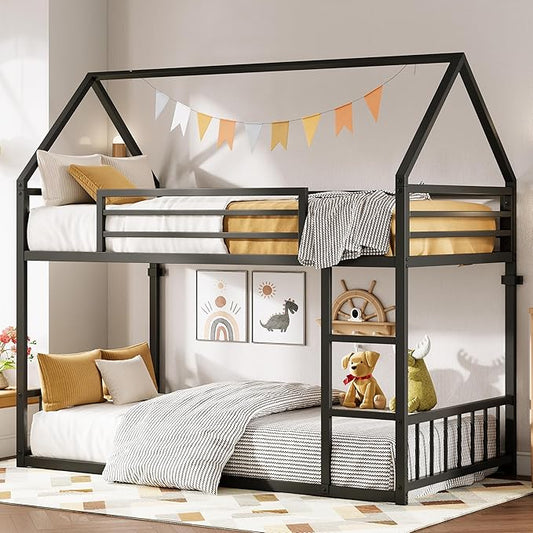 LIKIMIO Bunk Bed Twin XL Over Twin XL, Metal Bunk Bed Frame with Ladder and Guardrail, House Shaped with Metal Slats for Dormitory and Bedroom, Space Saving, No Box Spring Needed, Black