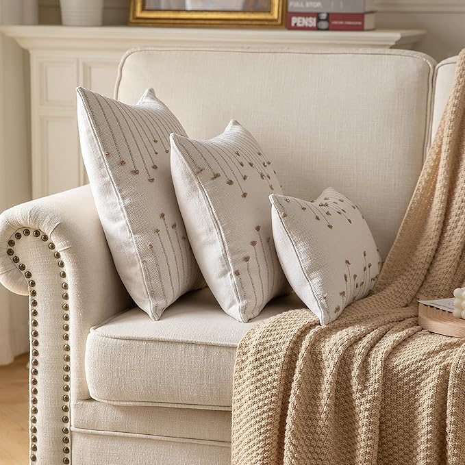 Boho Throw Pillow Covers 12x20 Set of 2 Decorative Pillows for Bed, Neutral Pillow Covers Beige with Tan Line Throw Pillows for Modern Farmhouse Couch Sofa Living Room Outdoor