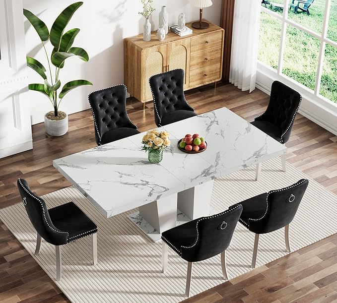 7-Piece Extendable Dining Table Set for 6-8 People 63-78 Inch Kitchen Table Set with 6 Black Upholstered Chairs Modern White Faux Marble Rectangular Dining Room Table Set for Kitchen Apartment