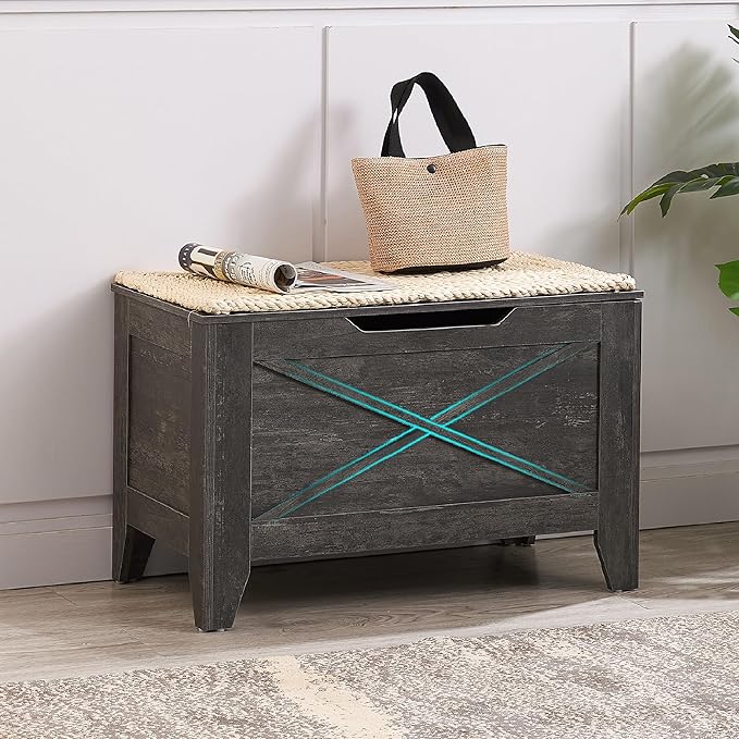 VECELO 30" Farmhouse Style Storage Bench, Entryway Shoe Ottoman, with Handwoven Cushion, with Metal Safety Hinges, for Bedroom, Living Room, Entryway, Grey