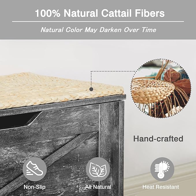 VECELO 30" Farmhouse Style Storage Bench, Entryway Shoe Ottoman, with Handwoven Cushion, with Metal Safety Hinges, for Bedroom, Living Room, Entryway, Grey