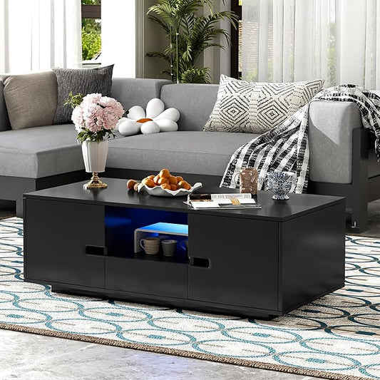 Modern High Gloss LED Coffee Table 47.2-Inch Wooden Center Cocktail Table with Storage & 16 Colors LED Light for Living Room, Black