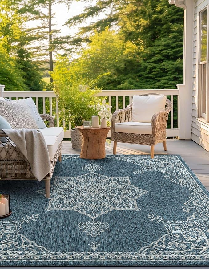 Unique Loom Outdoor Traditional Collection Area Rug - Antique (10' Square Teal/Ivory)