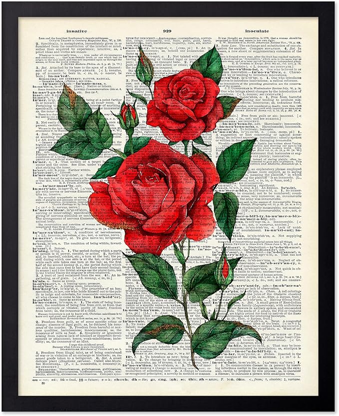 Poster Master Dictionary Art Poster - Red Roses Print - Flower Art - Floral Art - Gift for Men, Women & Florist - Minimal Decor for Living Room, Bedroom, Dorm or Flower Shop, 11x14 Black Framed