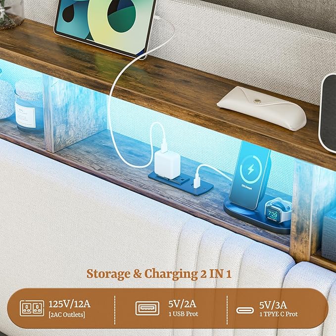 IKIFLY 49.2” Tall California King Bed Frames with 4 Storage Drawers, Upholstered Wingback Hidden Storage Headboard with LED Lights & Charging Station, No Box Spring Needed, Noise Free, White