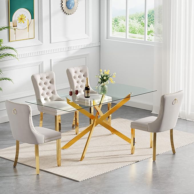 Goujxcy 7 Piece Glass Dining Table Set Modern Glass Dining Table Set for 6, 61" Rectangular Gold Kitchen Table and 6 Velvet Upholstered Chairs, Gold Table & Beige Chair