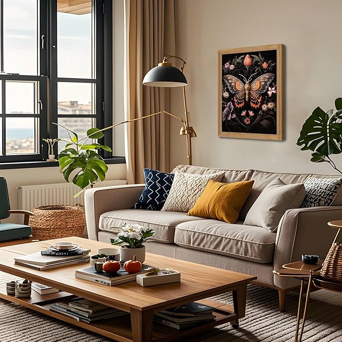 Framed Vintage 3D Textured Wall Art - Gothic Butterfly Wall Decor - Hand Drawn Sandstone Nature Botanical Pictures for Living Room Bedroom Home Decor 12x16in