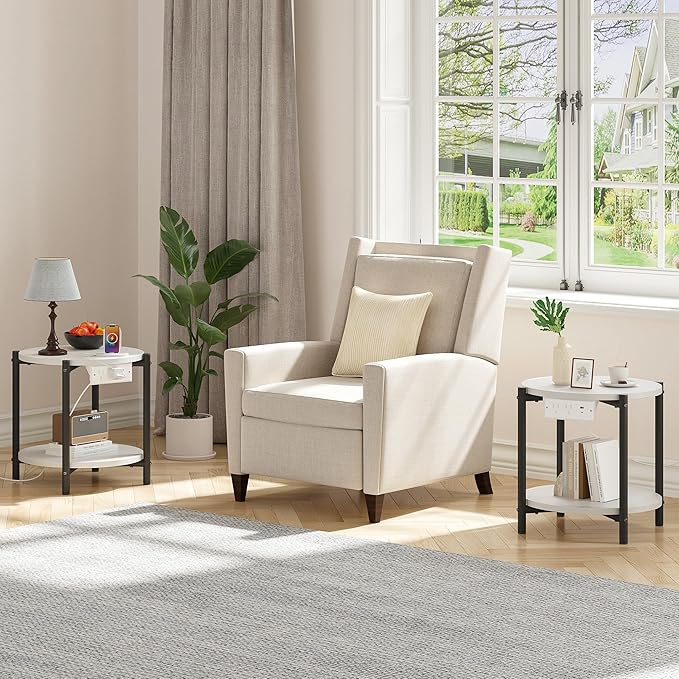 LIKIMIO Small Round End Tables Set of 2 with Charging Station, 2-Tier Wooden Side Tables, 15.8" W Modern Nightstands for Small Spaces, Living Room, Bedroom, White