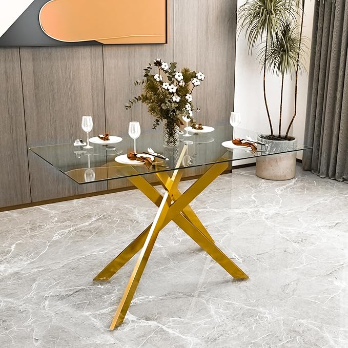 Rectangular Glass Dining Table, Tempered Glass Tabletop and Metal Legs, Modern Style Glass Kitchen Table for Home, Kitchen, Dining Room (Gold, 52'')