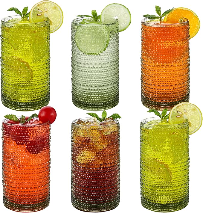 AkutaaVintage Hobnail Drinking Glasses Set of 6, 16 oz Large Capacity Embossed Green Tumblers, Highball Glasses for Water, Cocktail, Beer, Whiskey, Kitchen & Bar Use