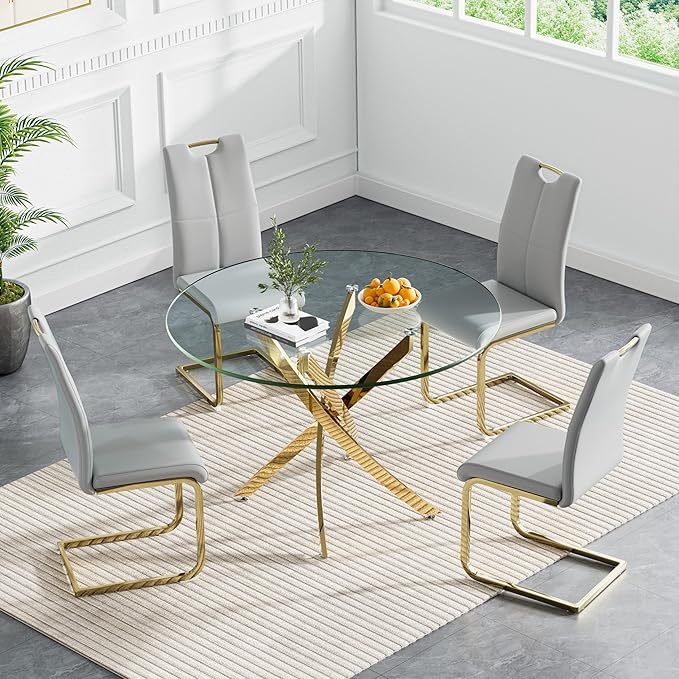 Goujxcy 5 Pieces Round Dining Table Set for 4, Modern Gold Glass Kitchen Table and Chairs for 4 with Upholstered Chairs, Circle Coffee Dining Table Set for Small Space,Apartment,Office