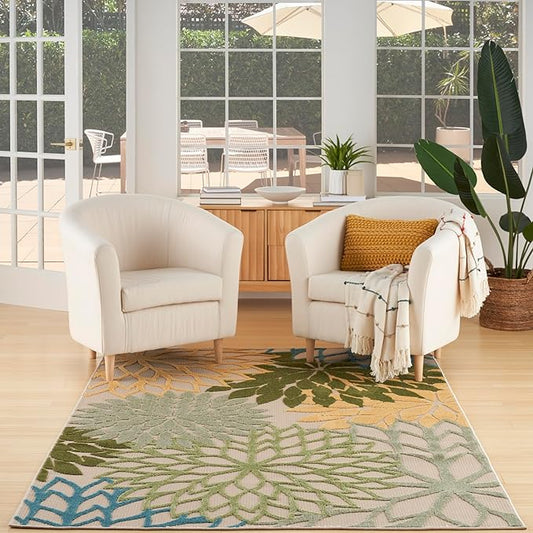 Nourison Home Aloha Tropical Indoor/Outdoor Green Multicolor 5'3" x 7'5" Area Rug, Easy Clean, Non Shedding, Bed Room, Living Room, Dining Room, Backyard, Deck, Patio (5x7)