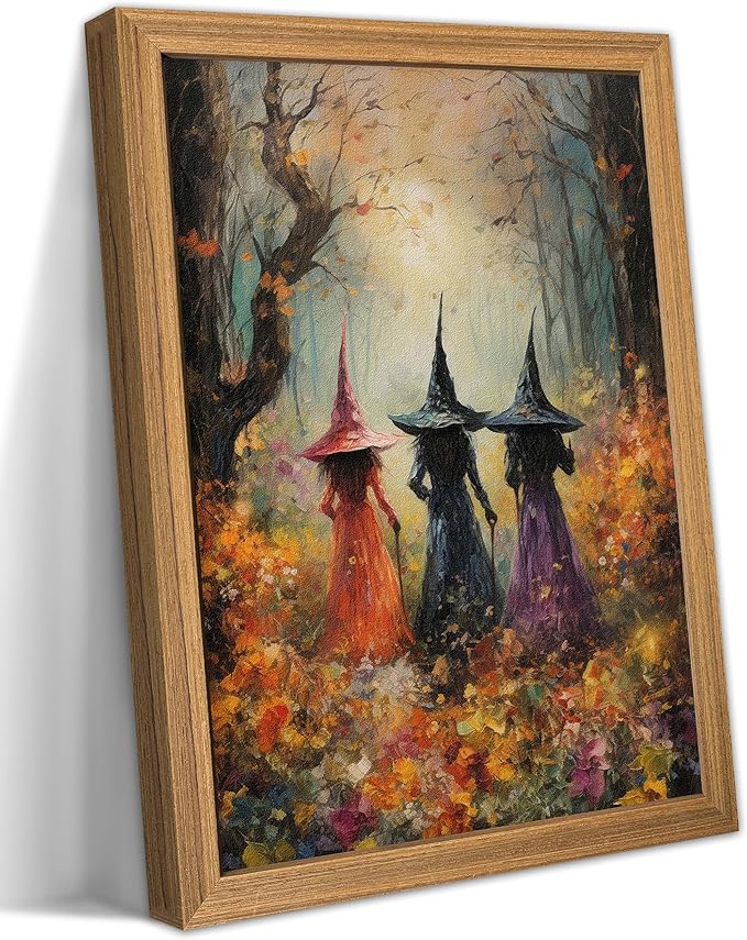 Framed Vintage Halloween Witch Wall Art – Halloween 3D Texture Witches Pictures Fall Decor for Living Room, Mysterious Forest Witchy Sandstone Aesthetic Art Prints for Bedroom Kids Room – 12x16in