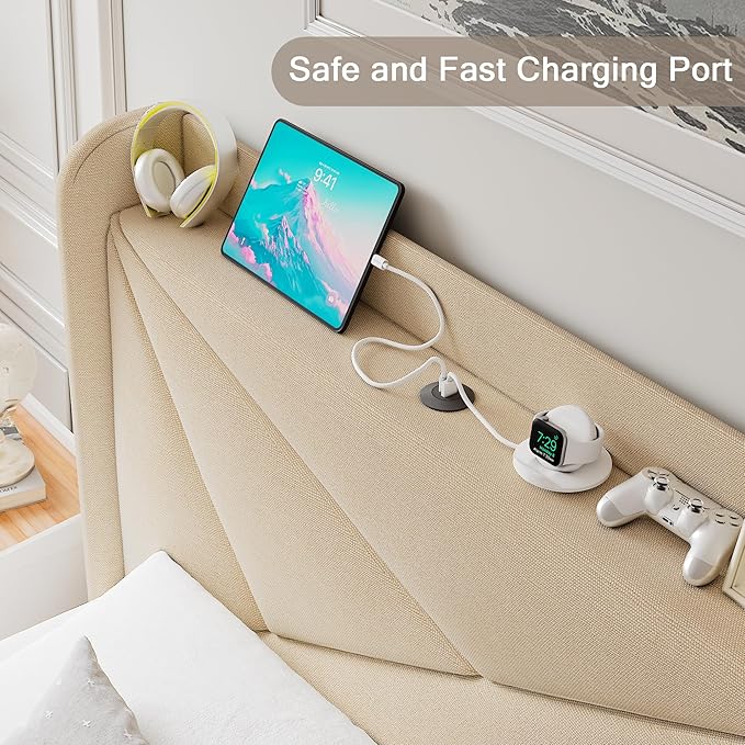 Twin Size Upholstered Bed Frame with Charging Station, Platform Bed Frame with Storage Headboard, Solid Wood Slats Support, No Box Spring Needed, Beige