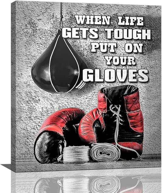 Boxing Posters Wall Art Red Boxing Gloves Pictures Wall Decor Black And White Inspirational Quotes Canvas Prints Painting Artwork Sports Canvas Home Decorations For Teen Boys Room Dorm Bedroom 20"x24"