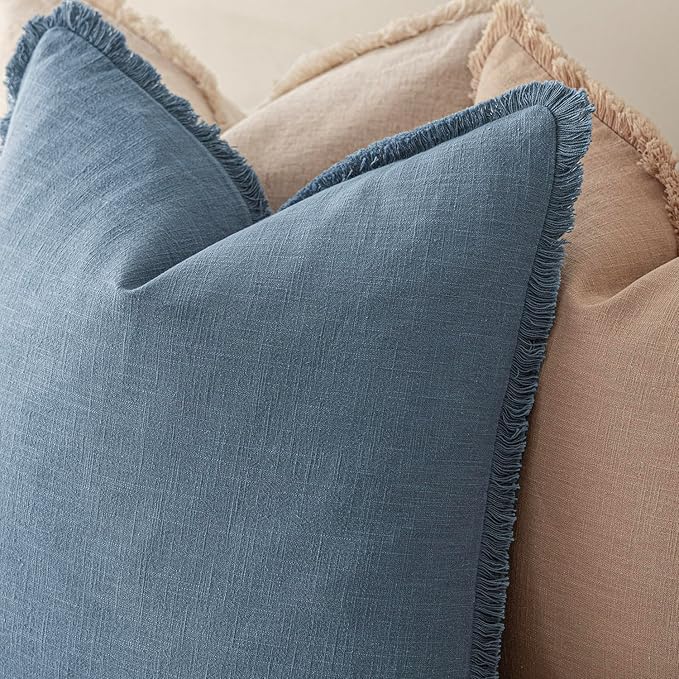 Foindtower Set of 2 Decorative Linen Fringe Throw Pillow Covers Cozy Boho Farmhouse Cushion Cover with Tassels Soft Accent Pillowcase for Couch Sofa Bed Living Room Home Decor, 18×18 Inch, Misty Blue