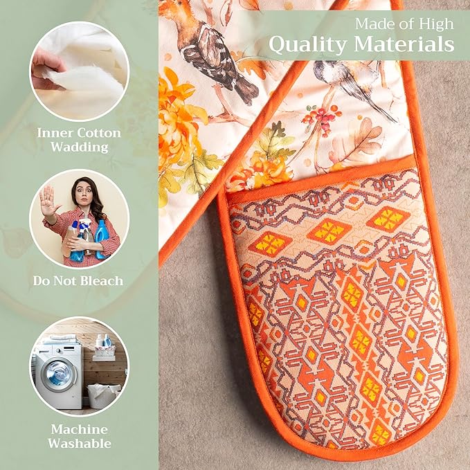 Maison d' Hermine Double Oven Mitt (7" x 35") 100% Cotton Heat Resistant BBQ Cooking Gloves with Loop for Thanksgiving Christmas Decorations Baking Cooking Barbeque Handling Hot Pan (Kelim - Prairie)