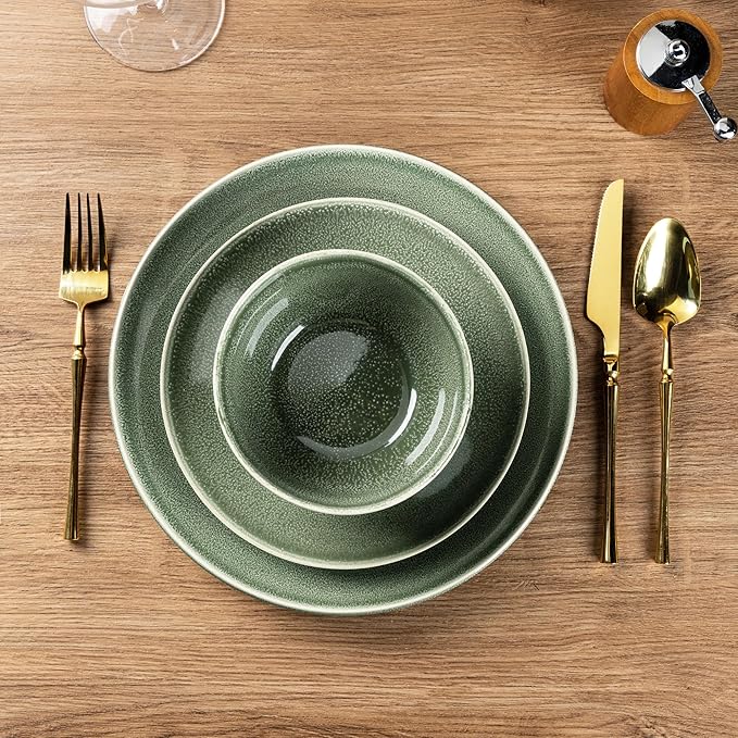 AmorArc Ceramic Dinnerware Sets for 4, 12 Pieces Handpainted Plates and Bowls Set, Scratch Resistant Stoneware Dishes Set, Dishwasher & Microwave Safe, Jade Green