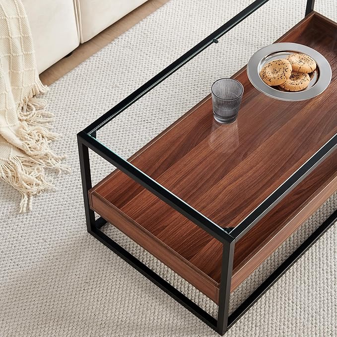 Shrine Glass Coffee Table, Black Walnut Coffee Table for Living Room, Glass and Wood Coffee Table, 39.2" D x 19.5" W x 15.7" H, Clear Glass Top, Walnut Wood Panels&Black Metal Frame