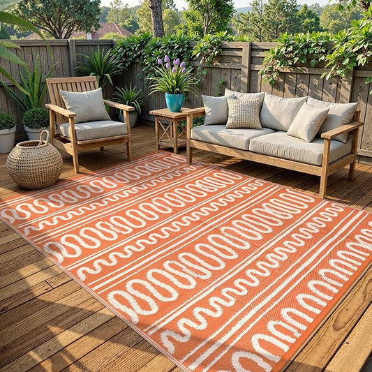 Beeiva Outdoor Rug 8x10, Outdoor Rug Waterproof Reversible, Portable Plastic Outdoor Patio Rug for Deck, Balcony, Backyard, Porch, Camping, Picnic - Orange