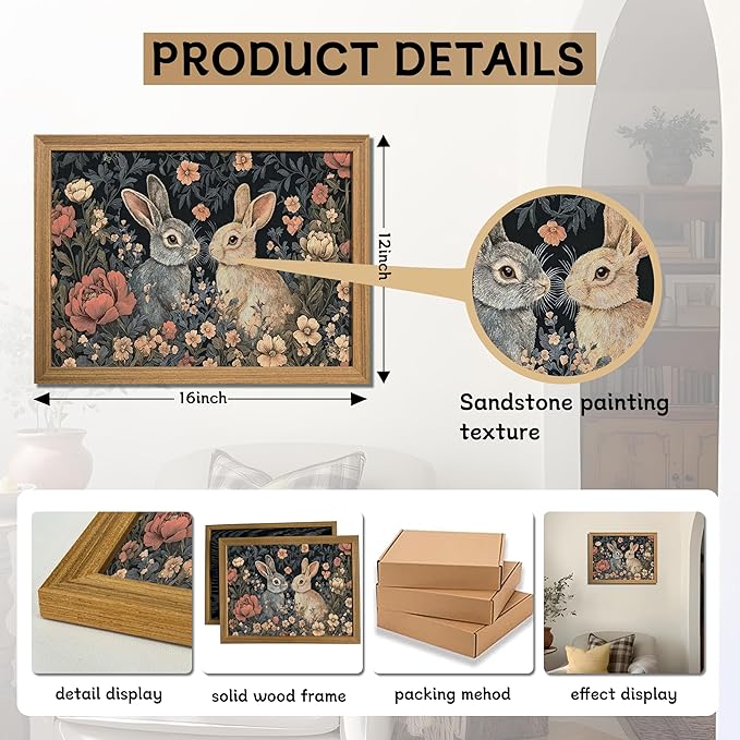 AKWISH Framed 3D Textured Vintage Wall Art - Dark Academia Easter Bunny Decor Hand Drawn Sandstone Paintings with Botanical Florals, Aesthetic Wall Decor for Living Room Bedroom Home 12x16 inch