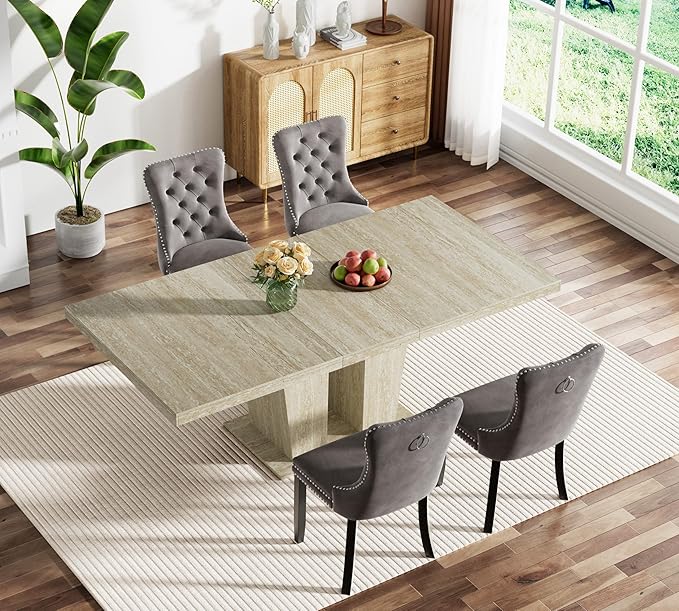 Goujxcy 5-Piece Extendable Dining Table Set for 4, 63-78 Inch Faux Travetine Kitchen Table Set with 4 Grey Upholstered Chairs Modern Wood Expandable Dining Room Table Set for Kitchen Apartment