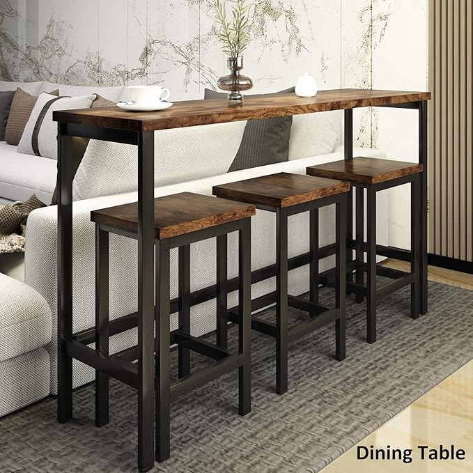 Harper & Bright Designs 4-Piece Dining Table Set, 60.2" L Solid Wood Dining Table with 3 Stools and Metal Frame for Kitchen Dining Room, Antique Brown + Black