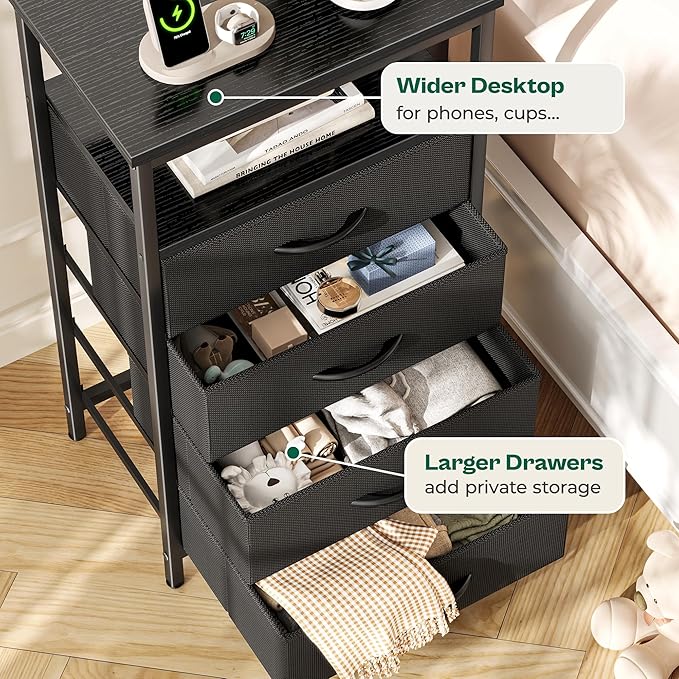 Huuger Night Stand with Charger Station and LED Lights, 4 Drawer Nightstand, Bed Side Table with Open Shelf, End Table, Fabric Dresser for Bedroom, Black