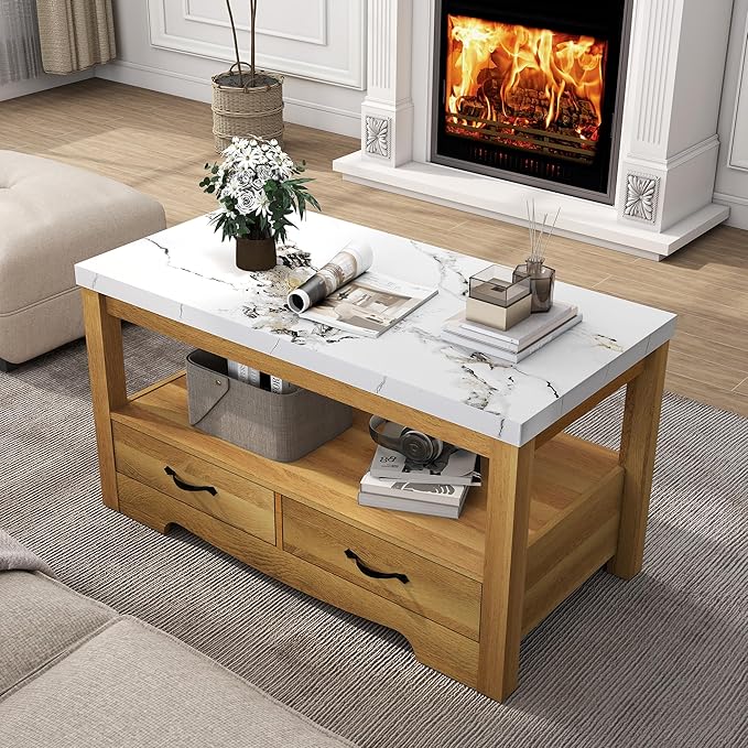 Coffee Table 40" Faux Marble 2-Tier Modern Wooden Rectangle Center Table with Drawers for Living Room, Conference Room, Thickened Top, Small Space Home Furniture (Natural Oak with Storage)
