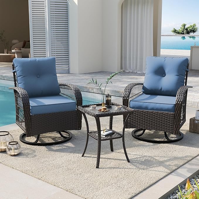 UDPATIO Patio Furniture Set 360 Swivel Chair 3 Piece Patio Set Wicker Outdoor Chair with Coffee Table for Yard, Bistro, Balcony, Blue
