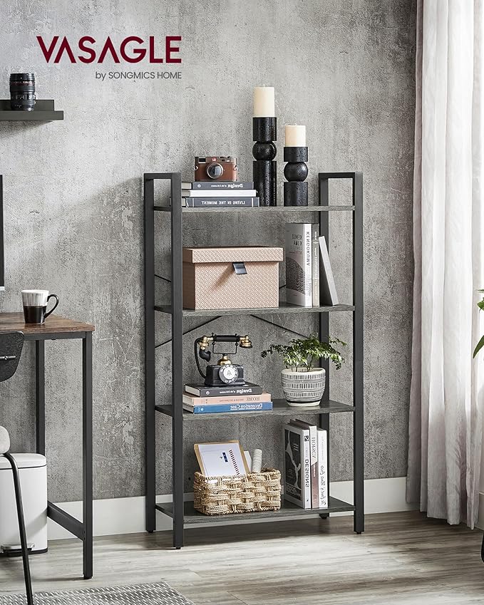VASAGLE 4-Tier Bookshelf, Bookcase with Steel Frame, Book Shelf for Living Room, Home Office, Study, 11.8 x 26 x 47 Inches, Industrial Style, Charcoal Grey and Ink Black ULLS060B04