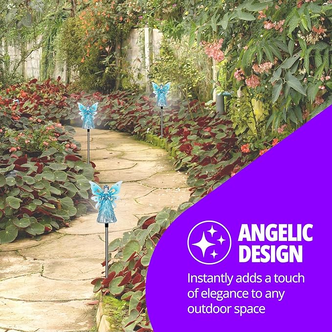 Exhart Garden Solar Lights, Decorative Angel Garden Stake, 12 LEDs, Cute Yard and Pathway Decor, Blue, 4 x 34 Inch