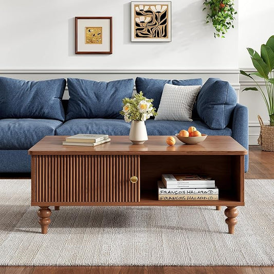 Modern Coffee Table, Mid-Century Wooden Center Table with Open Storage Shelf, Farmhouse Wooden Storage Coffee Table for Home and Office Décor, Walnut Oak